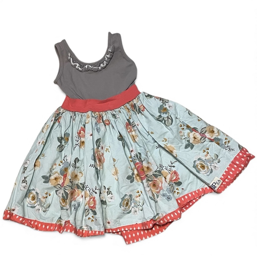 kpea handmade girls Floral Sleeveless Dress with Red Accents size 6
